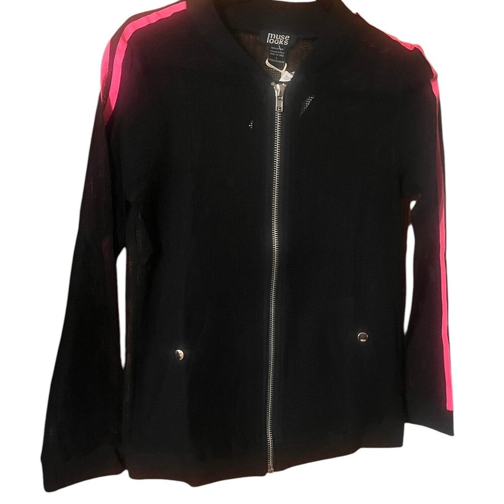 Muse Looks Black Mesh Jacket With Pink Stripes Size L NWT